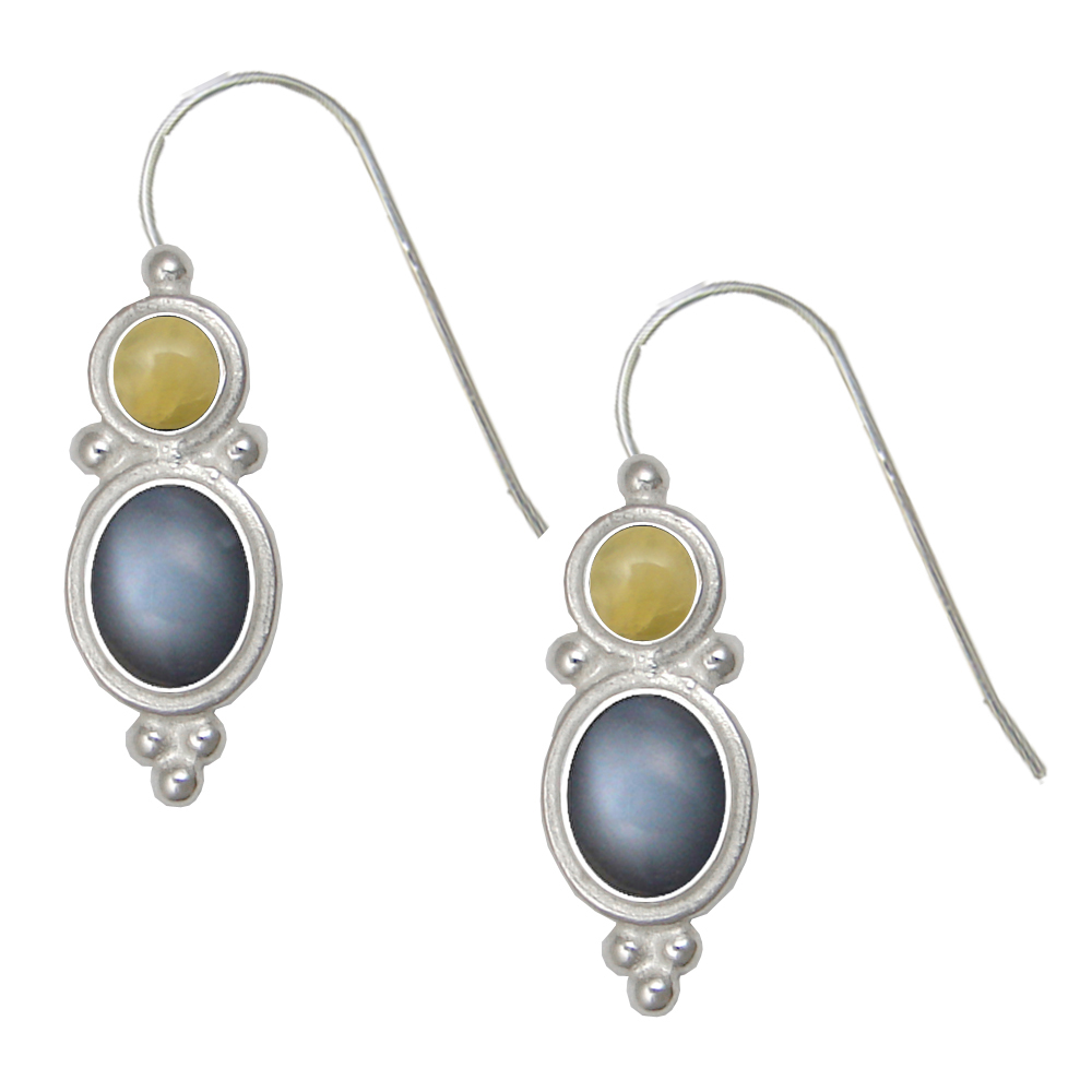 Sterling Silver Drop Dangle Earrings Grey Moonstone And Yellow Aragonite